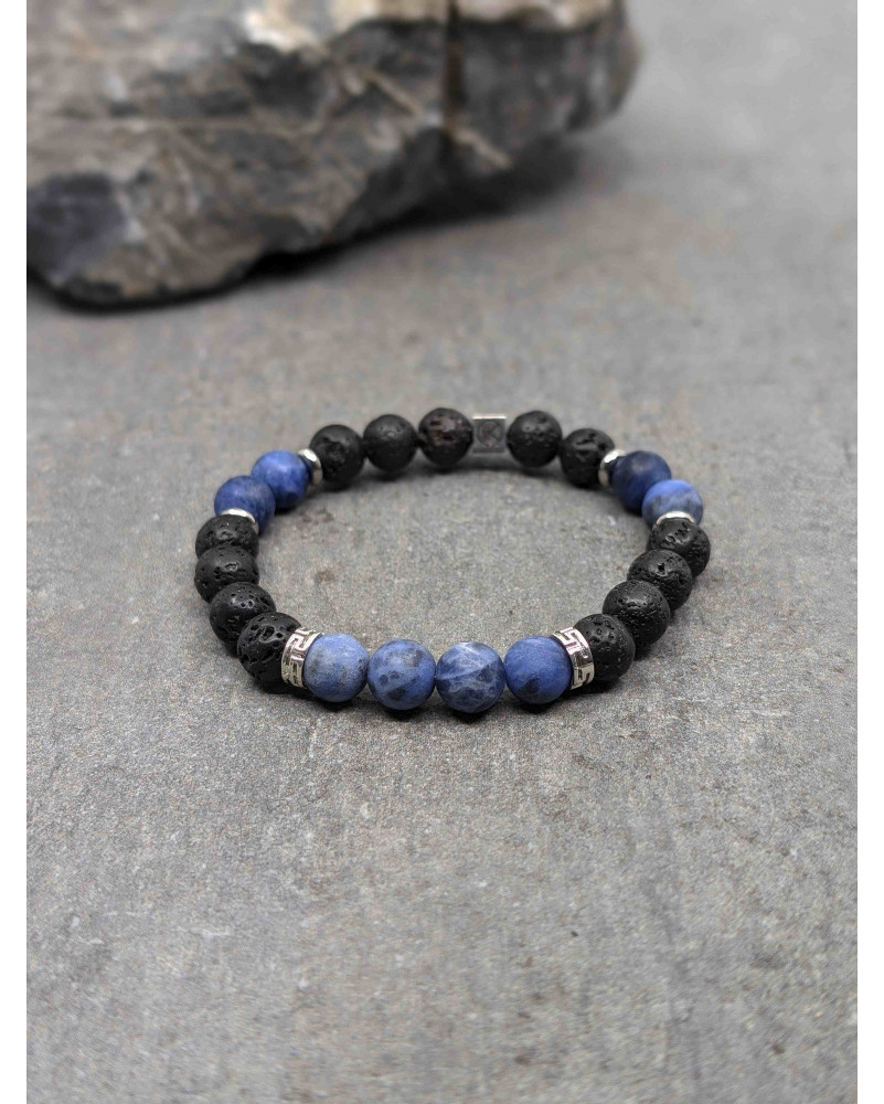 Bracelet Sodalite dépolie et Pierre de lave 8mm