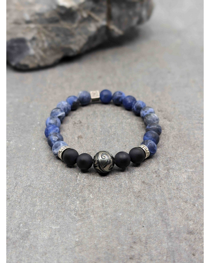Bracelet Sodalite, Agate Noire et Perle de Tahiti