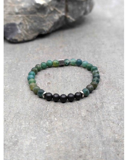Bracelet Agate Noire et Agate Mousse 6mm