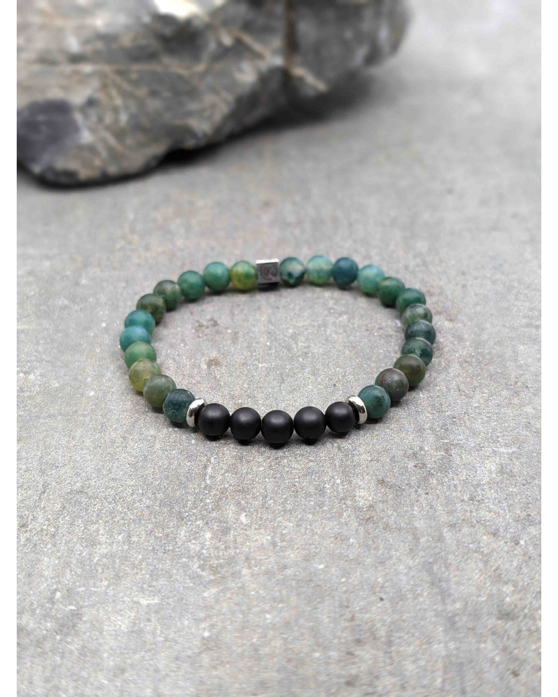 Bracelet Agate Noire et Agate Mousse 6mm