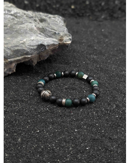 Bracelet Agate Mousse, Agate Noire dépolie et Perle de Tahiti