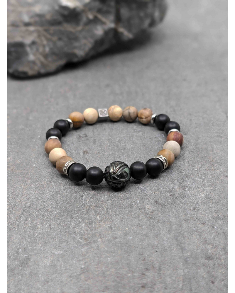 Bracelet Bois Fossilisé, Agate Noire dépolie et Perle de Tahiti