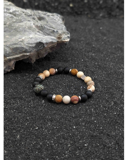 Bracelet Bois Fossilisé, Agate Noire dépolie et Perle de Tahiti