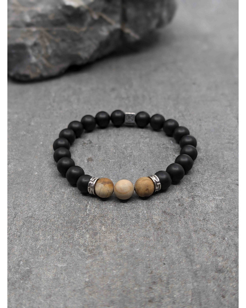 Bracelet Agate Noire et Bois Fossilisé Dépolis 8mm