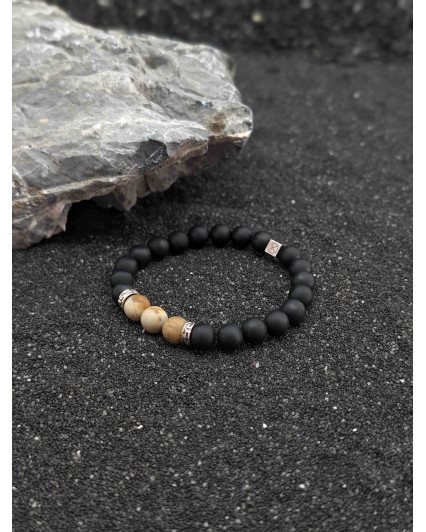 Bracelet Agate Noire et Bois Fossilisé Dépolis 8mm