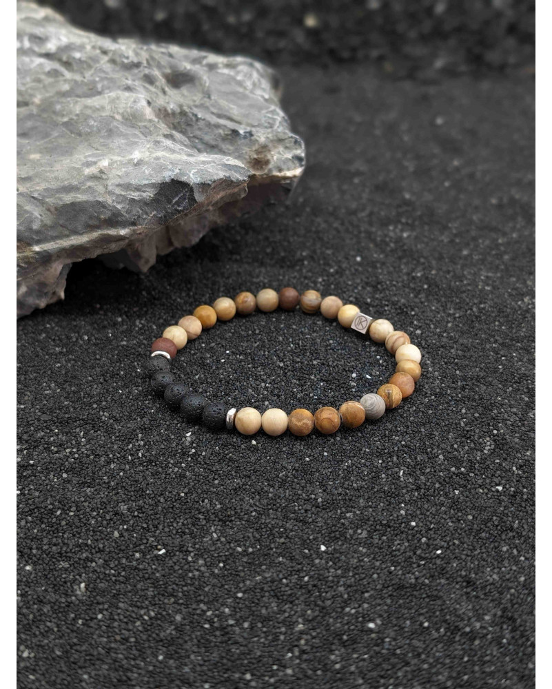 Bracelet Bois Fossilisé et Pierre de Lave 6mm