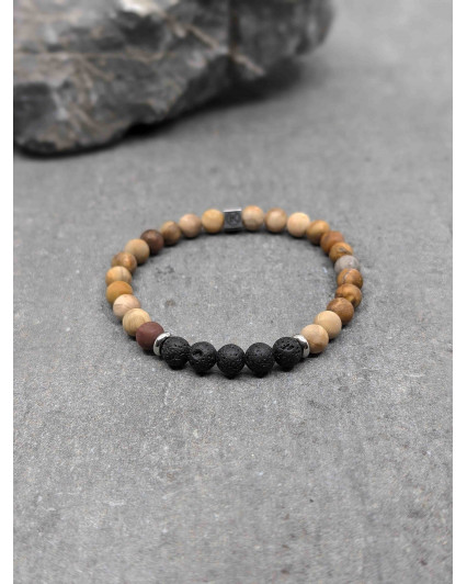 Bracelet Bois Fossilisé et Pierre de Lave 6mm