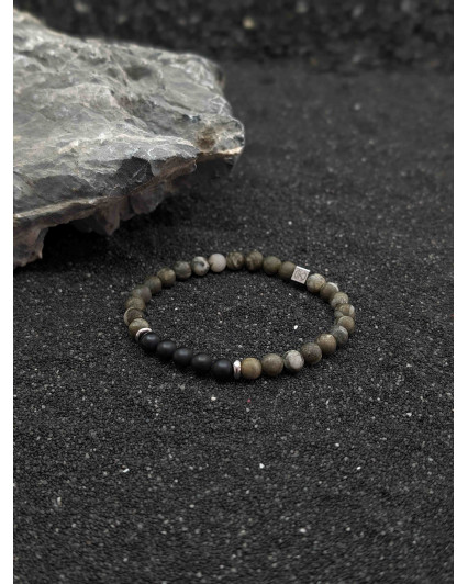 Bracelet Agate Noire dépolie et Pyrite polie 6mm