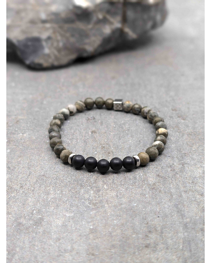 Bracelet Agate Noire dépolie et Pyrite polie 6mm