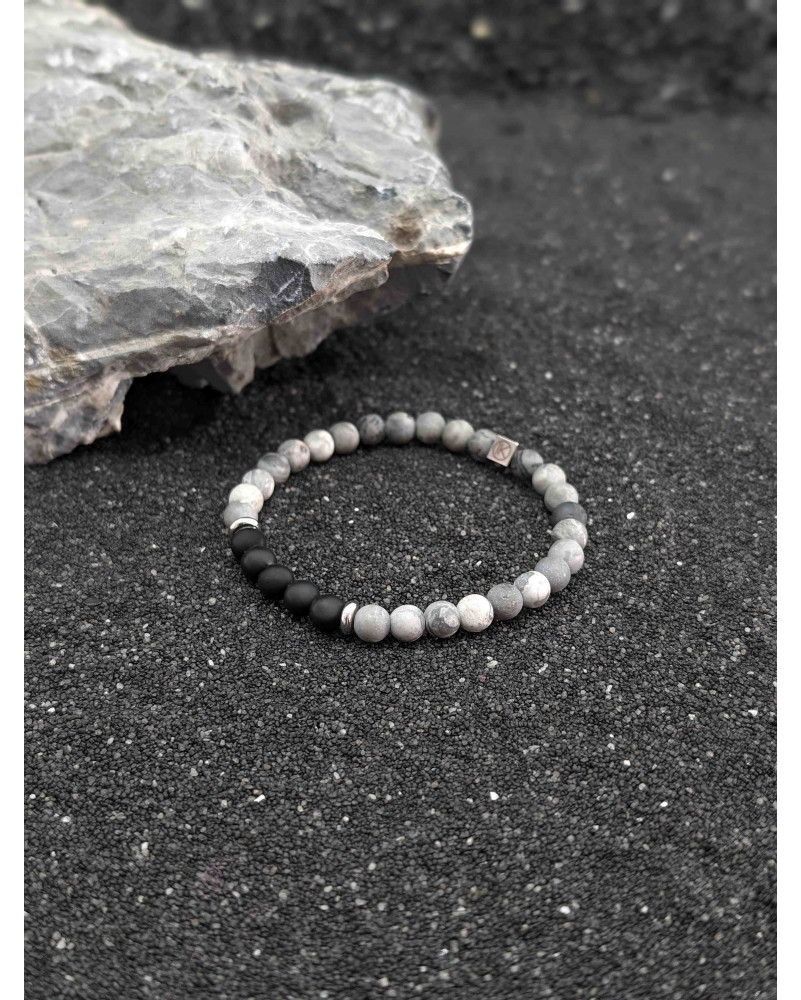 Bracelet Agate Noire et Jaspe Paysage Gris 6mm