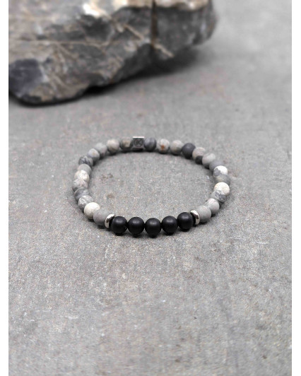 Bracelet Agate Noire et Jaspe Paysage Gris 6mm