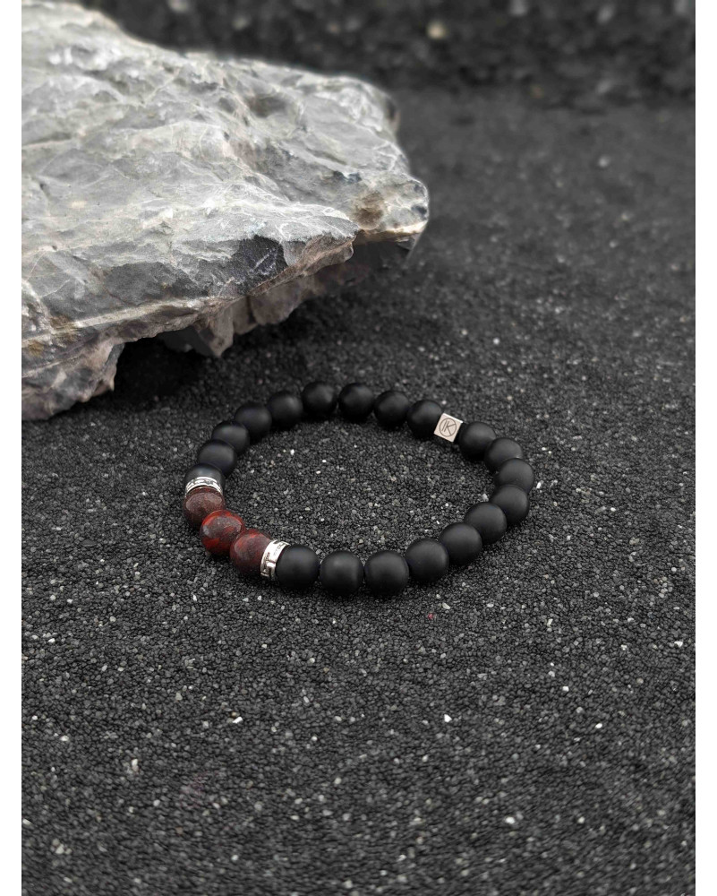 Bracelet Jaspe Rouge et Agate Noire dépolie 8mm