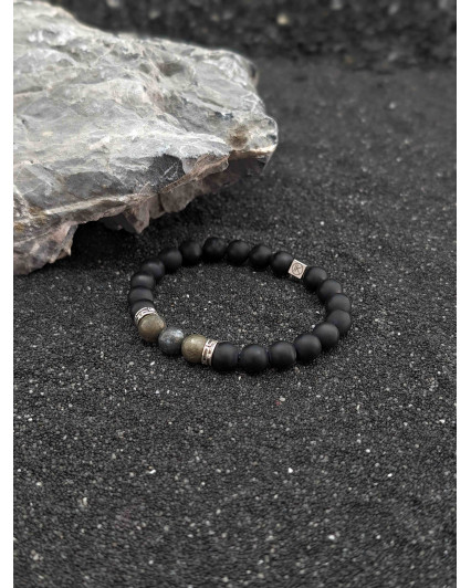 Bracelet Pyrite polie et Agate Noire 8mm