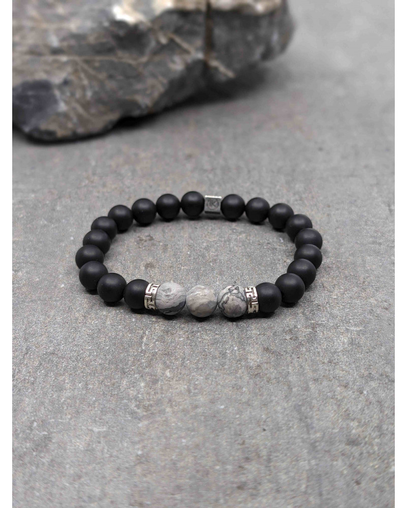 Bracelet Jaspe Paysage Gris et Agate Noire dépolie 8mm