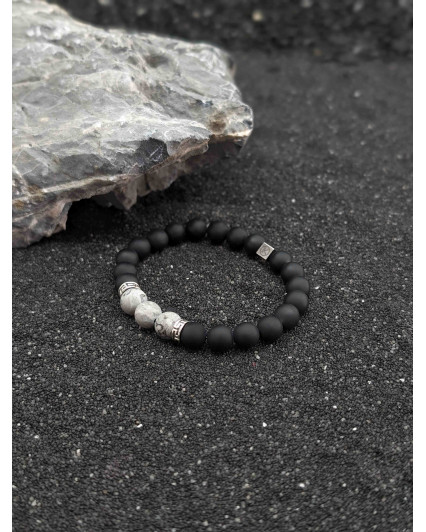 Bracelet Jaspe Paysage Gris et Agate Noire dépolie 8mm