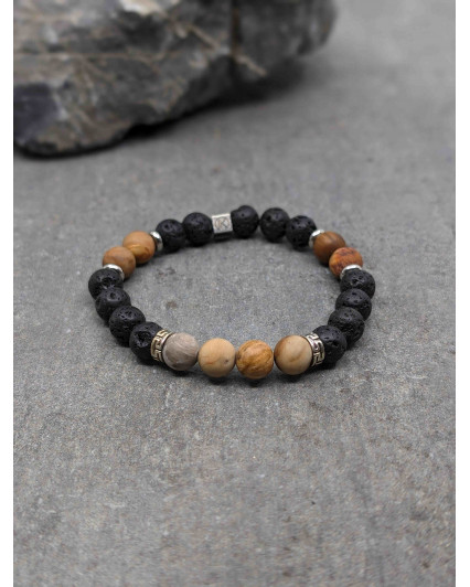 Bracelet Bois Fossilisé et Pierre de lave 8mm