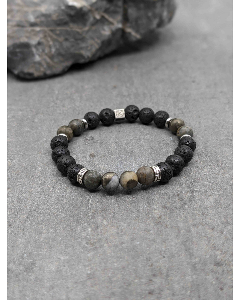 Bracelet Pyrite polie et Pierre de lave 8mm