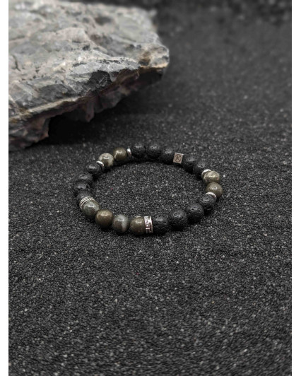 Bracelet Pyrite polie et Pierre de lave 8mm