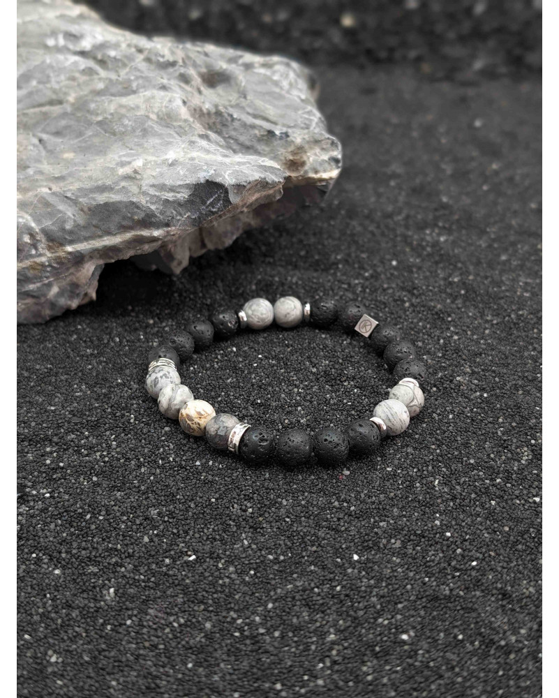 Bracelet Jaspe Paysage Gris et Pierre de lave 8mm