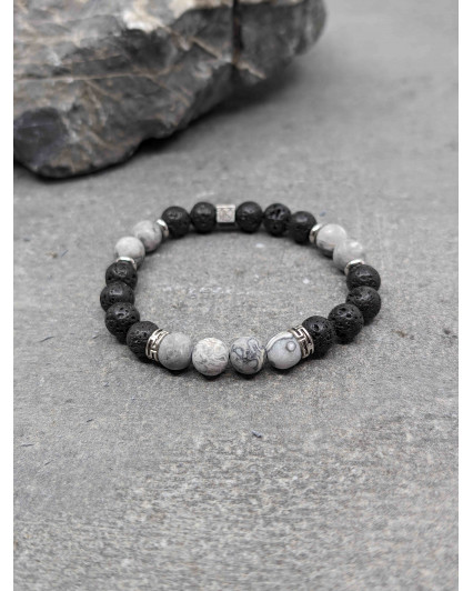 Bracelet Jaspe Paysage Gris et Pierre de lave 8mm