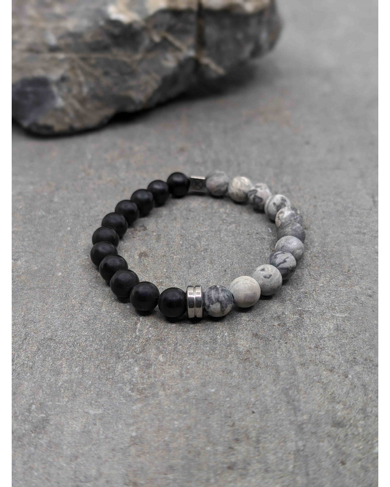Bracelet Agate noire et Jaspe Paysage dépolies 8mm