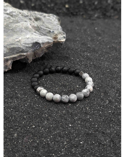 Bracelet Agate noire et Jaspe Paysage dépolies 8mm