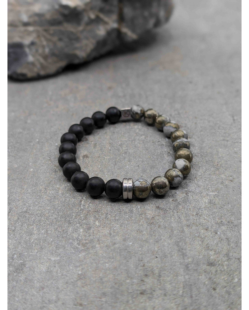 Bracelet Agate noire dépolie et Pyrite polie 8mm