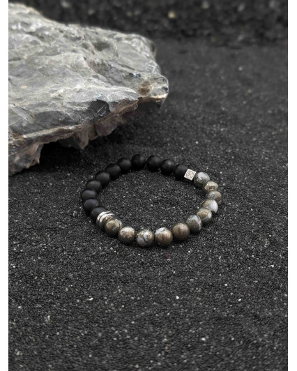 Bracelet Agate noire dépolie et Pyrite polie 8mm