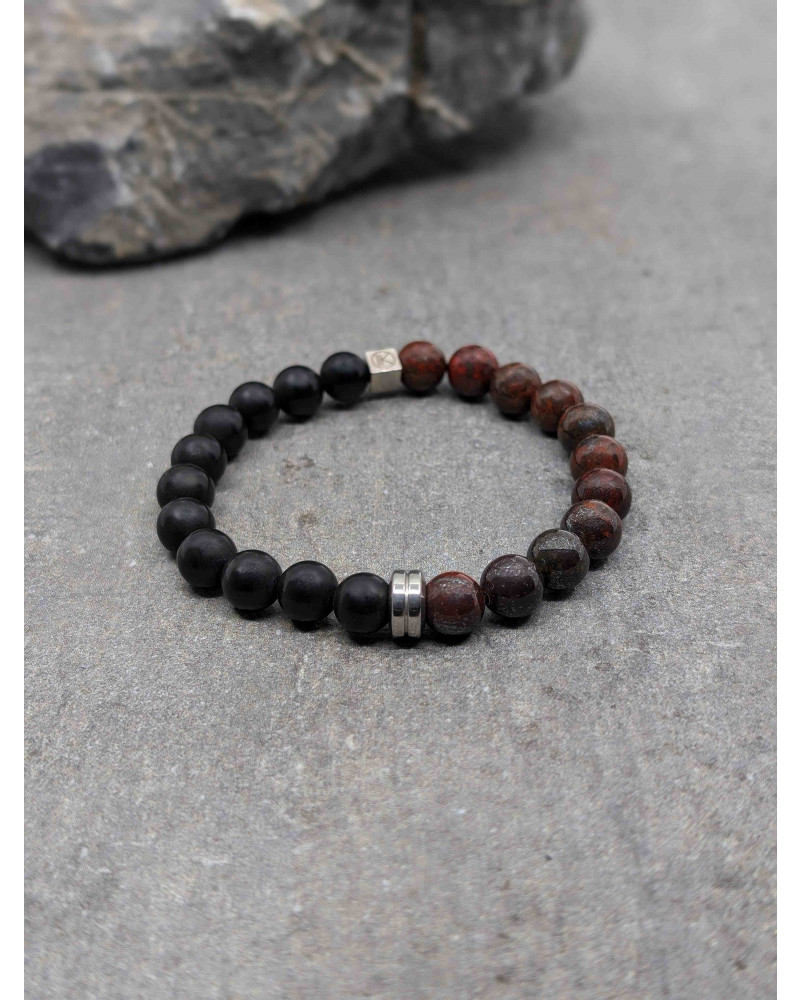 Bracelet Agate noire dépolie et Jaspe Rouge 8mm