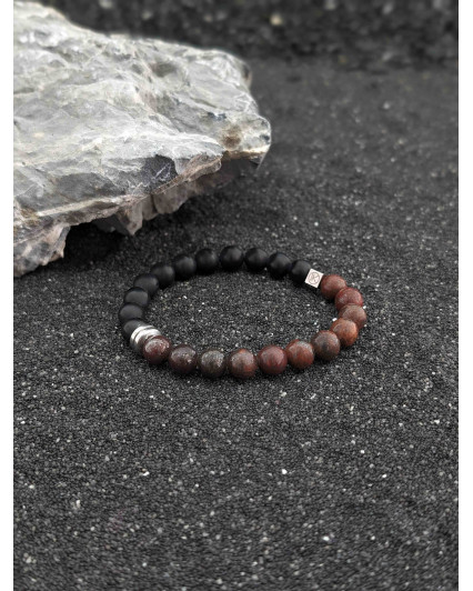 Bracelet Agate noire dépolie et Jaspe Rouge 8mm