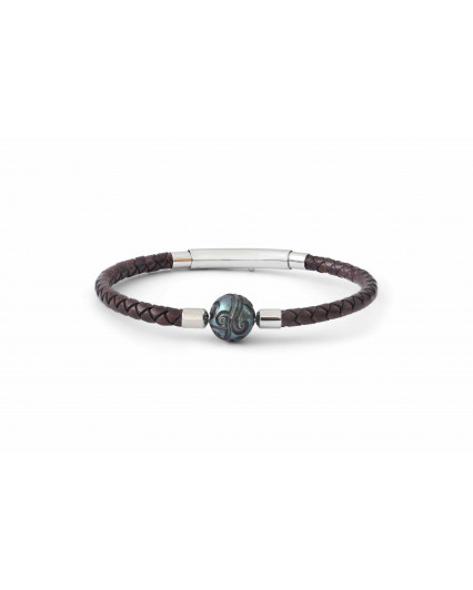 Bracelet cuir et Perle de Tahiti gravée