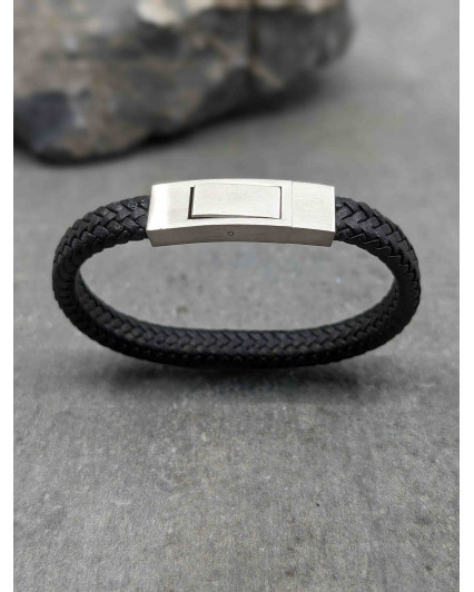 Bracelet Cuir Plat Noir