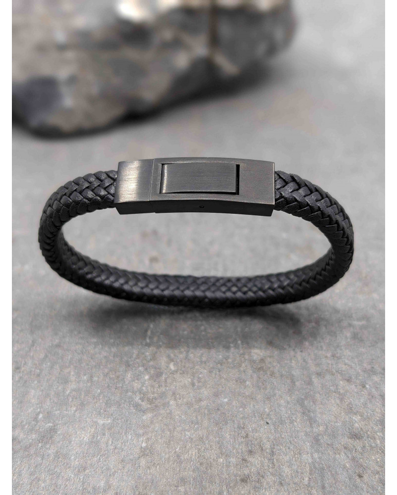 Bracelet Cuir Plat Noir Fermoir Noir
