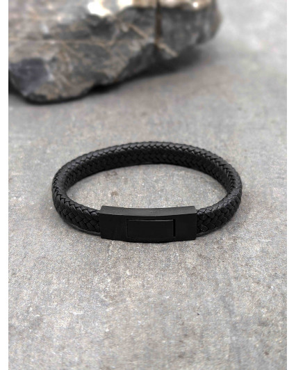 Bracelet Cuir Plat Noir Fermoir Noir
