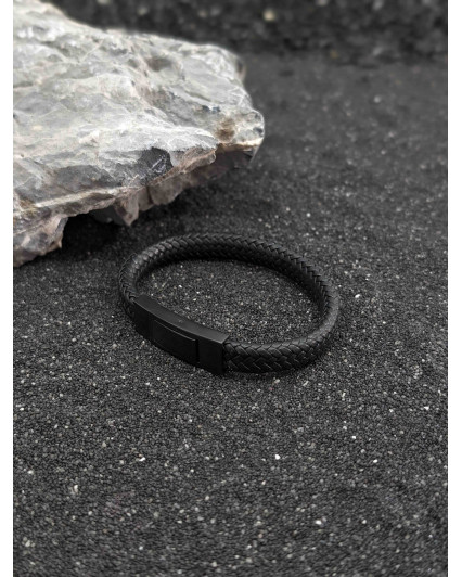 Bracelet Cuir Plat Noir Fermoir Noir