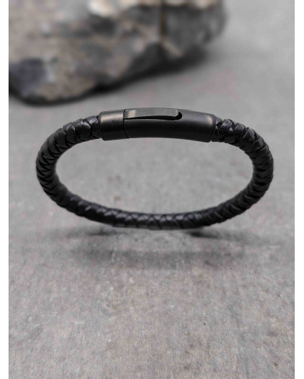 Bracelet en cuir rond noir fermoir mat