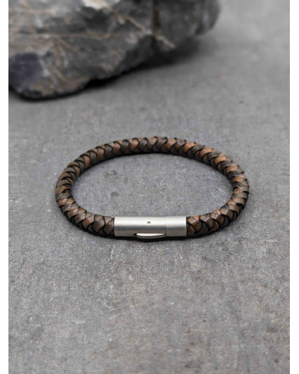 Bracelet en cuir rond marron fermoir brossé