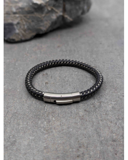 Bracelet en cuir rond noir et lien acier