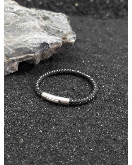 Bracelet en cuir rond noir et lien acier